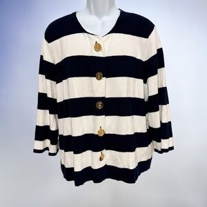 LRL Ralph Lauren Women Cardigan 3X Plus VTG Nautical Stripe Gold Anchor Buttons